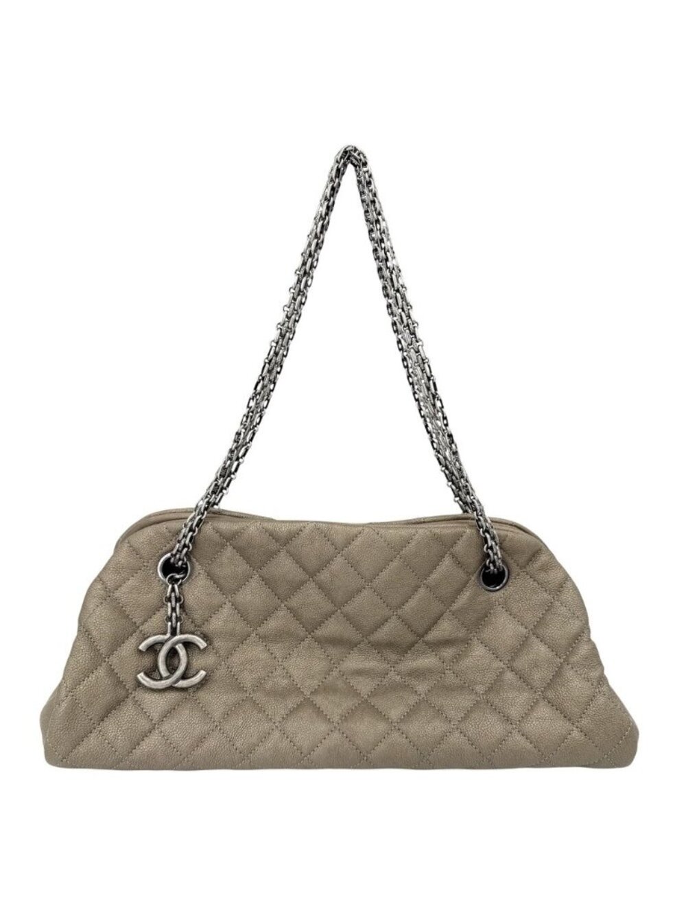 Chanel Quilted Mademoiselle Bowling Bag Metallic Leather Brown Silver